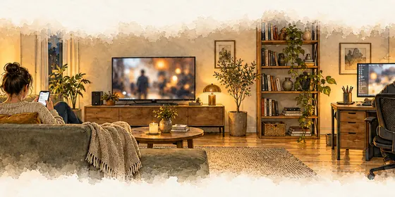 Familie vor Bildschirmen im Wohnzimmer