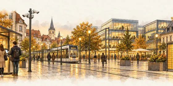 Straßenbahn in einer Stadt mit Kameras