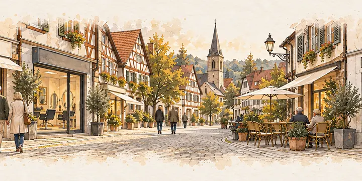Straße in einer Kleinstadt mit kleinen Läden
