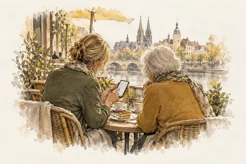 Frau zeigt einer älteren Dame KI auf dem Tablet