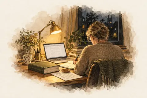 Frau bewertet KI-Antworten am Laptop