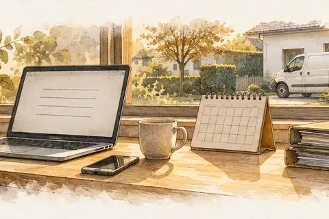 Frau am Laptop erledigt Büroarbeit für eine Praxis