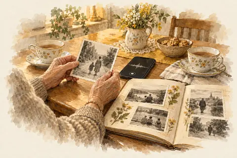 Gedrucktes Lebensbuch mit Familienfotos