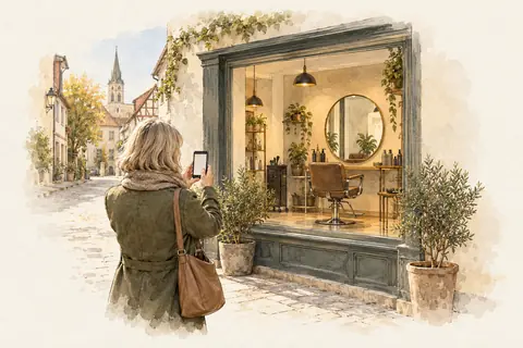 Friseursalon mit Smartphone für Social Media