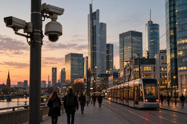 Stadt mit Hochhäusern, Straßenbahn und Kameras