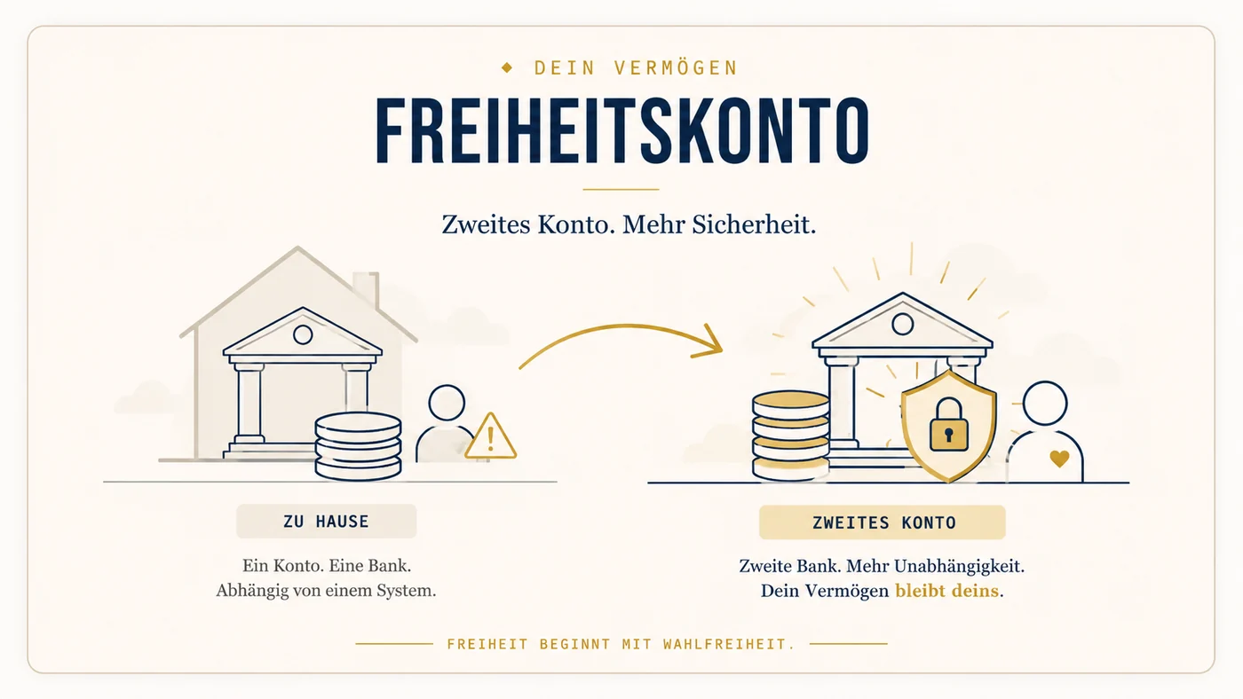 Vergleich: links ein einzelnes Konto bei einer Bank, rechts ein zweites Konto im Ausland mit gesichertem Vermögen