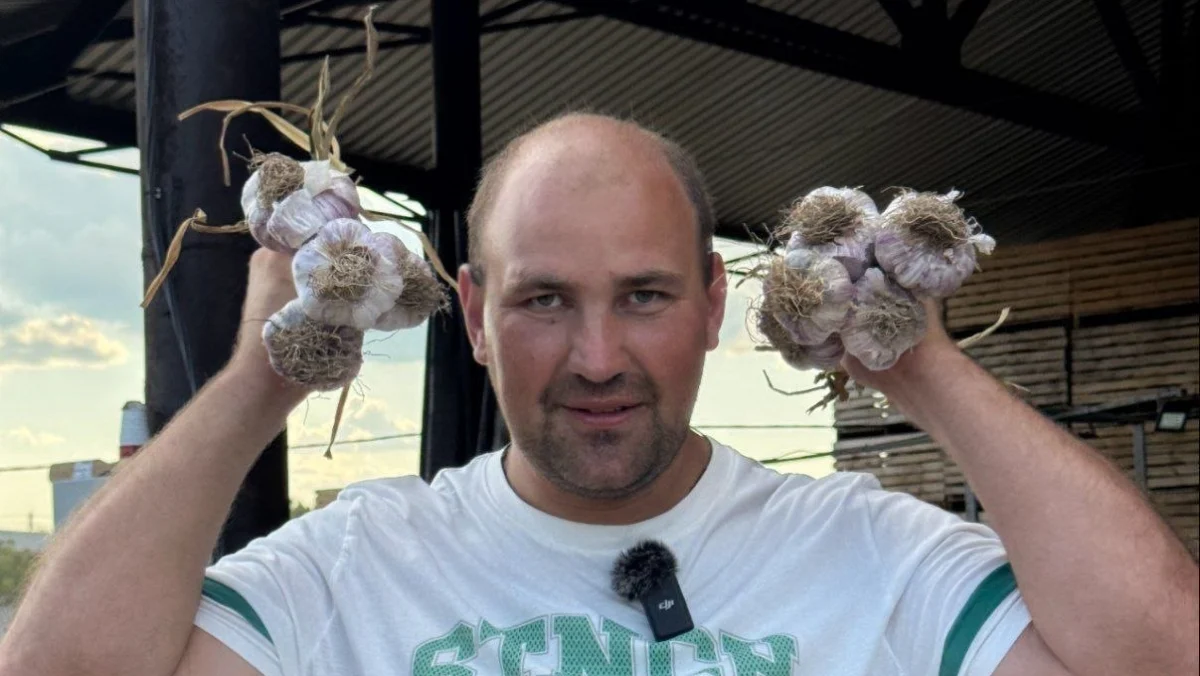 Pawel Kuwaizew mit Knoblauch auf seiner Farm in Tatarstan